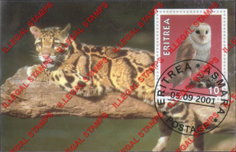 Eritrea 2001 Owl Leopard Counterfeit Illegal Stamp Souvenir Sheet of 1 Eritrea 2001 Owl Leopard Counterfeit Illegal Stamp Souvenir Sheet of 1